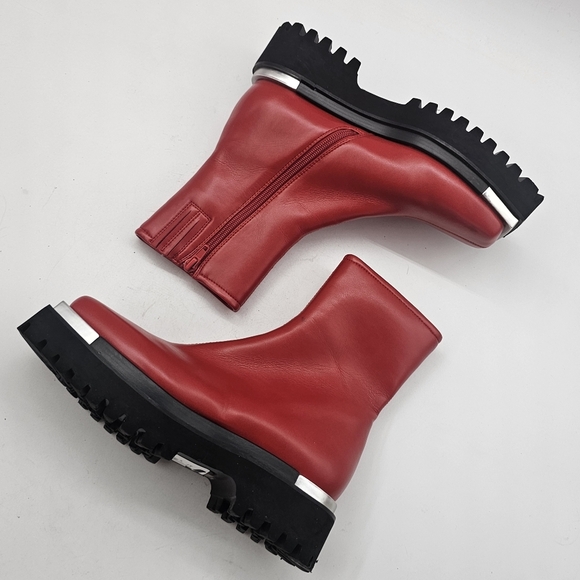 Jeffrey Campbell Devout Red Leather Chunky Lug Sole Platform Ankle Boots SIZE 6 - Picture 7 of 11